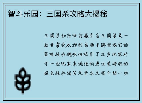 智斗乐园：三国杀攻略大揭秘