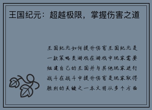 王国纪元：超越极限，掌握伤害之道